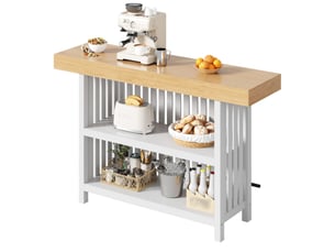 Table de bar 160x40x105 cm blanche avec étagères et repose-pieds