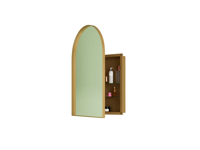  Armoire miroir murale arquée dorée, cadre métal, étagères réglables, encastrable  - Conforama D