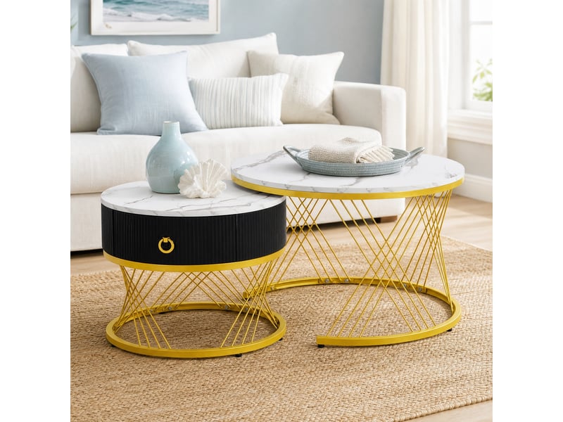  Lot de 2 tables basses gigognes avec tiroir, effet marbre blanc et doré  - Conforama C