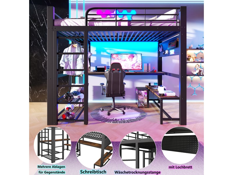  Lit superposé 140x200 cm, lit enfant, bureau, étagères, led, bois et métal noir  - Conforama W