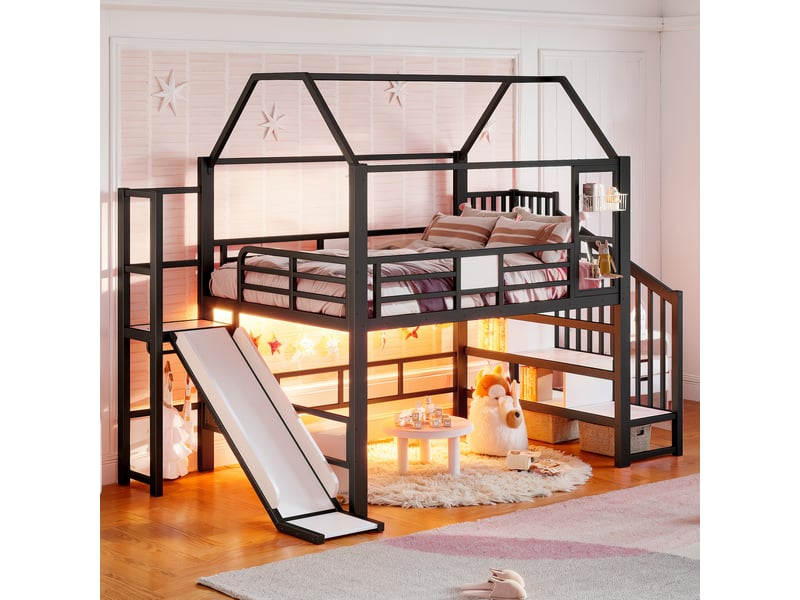 Lit mezzanine enfant 140x200 avec toboggan et led bluetooth evryae  - Conforama B