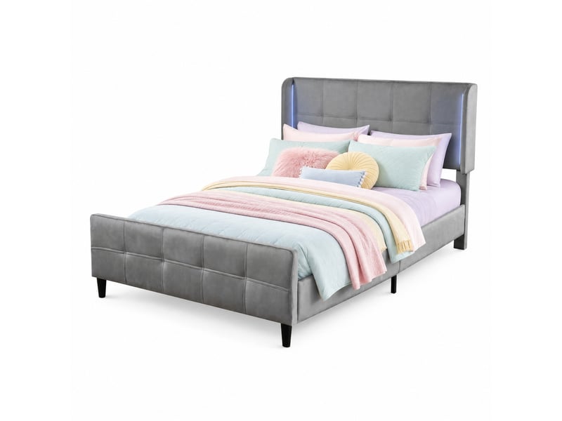 Lit 2 places 140x200cm, tête de lit réglable, sommier, éclairage avec éclairage led, velours gris, sans matelas - Conforama A