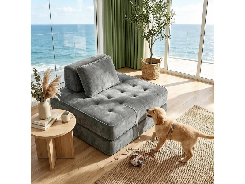  Fauteuil convertible 1 place 2 en 1 avec couchage d’appoint et coussin de soutien, en chenille grise, 97 × 97 × 70 cm  - Conforama C