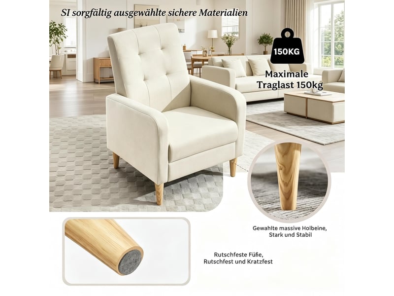  Fauteuil de lecture à dossier haut ergonomique et accoudoirs, en lin et bois massif beige, 68 × 90,5 × 73,5 cm  - Conforama E