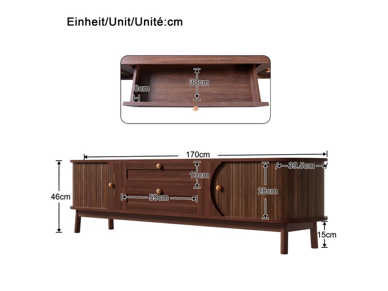  Meuble tv moderne – effet bois, tiroirs et rangements intégrés, coins arrondis, pieds en bois massif  - Conforama E