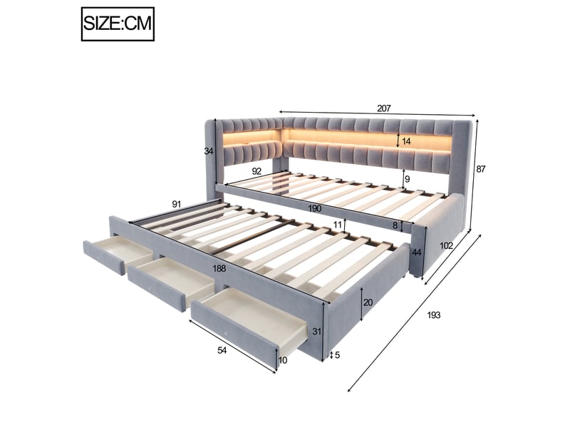 Lit banquette rembourré - 90x190 cm - convertible - tiroirs de rangement - rangements intégrés - éclairage led - port usb - gris CozyNest - Conforama D