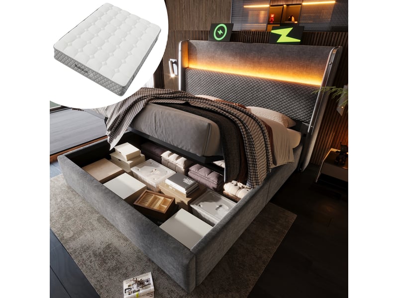 Lit hydraulique avec haut tête en lin gris 180x200 cm  - Conforama E