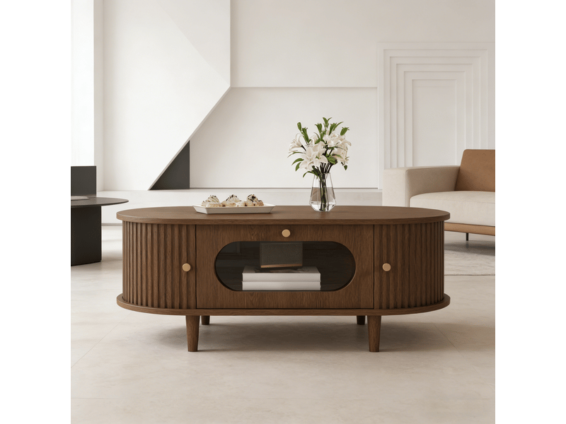  Table basse noyer 100x50 cm avec tiroir et portes coulissantes, design minimaliste pour salon  - Conforama D