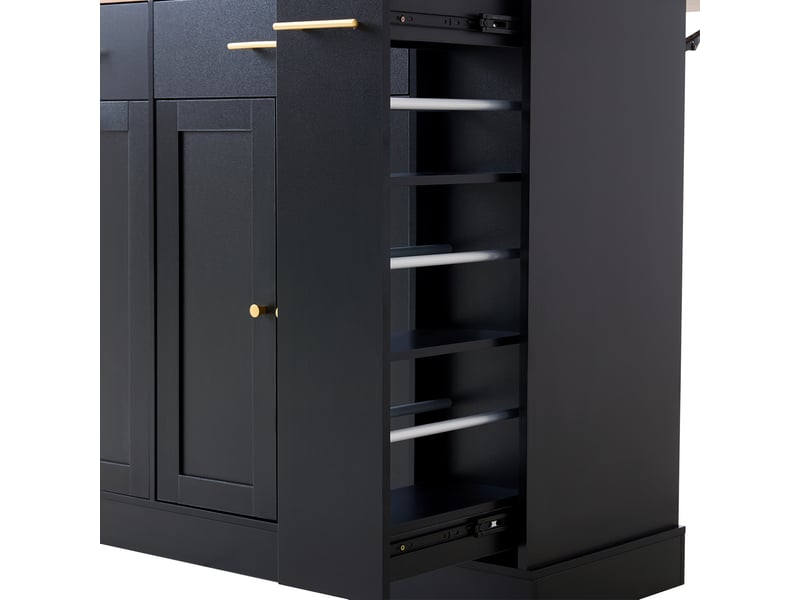  Îlot de cuisine noir avec plateau rabattable de 120 cm, rangement latéral coulissant et compartiment poubelle  - Conforama D