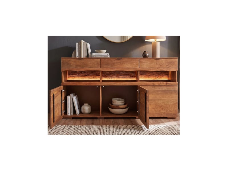  Buffet takara 180 cm en bois massif de manguier verni – 3 portes, 3 niches visibles, 3 tiroirs et led  - Conforama E