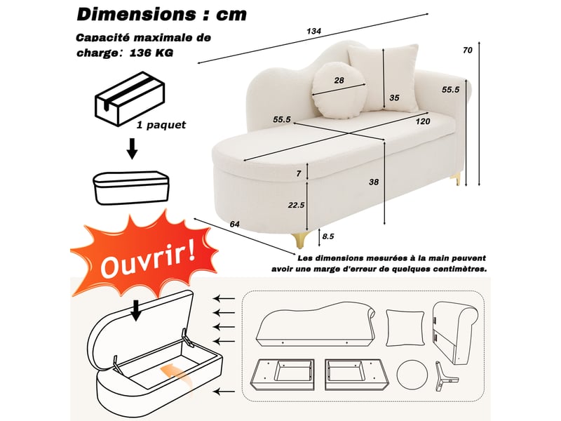  Méridienne avec coffre de rangement, dossier ondulé et coussins lombaire et cervical, tissu effet mouton beige blanc  - Conforama D