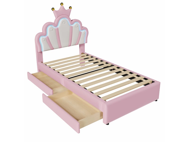 Lit rose 90x200 cm en pu, tête de lit couronne réglable, 2 tiroirs et éclairage led avec télécommande, sans matelas - Conforama D