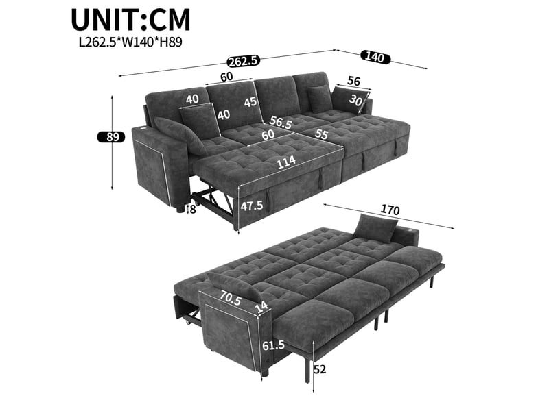  Canapé-lit 4 places 262.5x140x89 cm avec led et usb, dossier réglable, tissu couleur gris, design moderne  - Conforama C