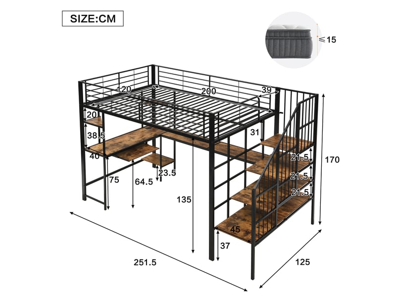  Lit mezzanine 120x200 cm avec bureau, escalier d'angle et port de charge, noir  - Conforama C