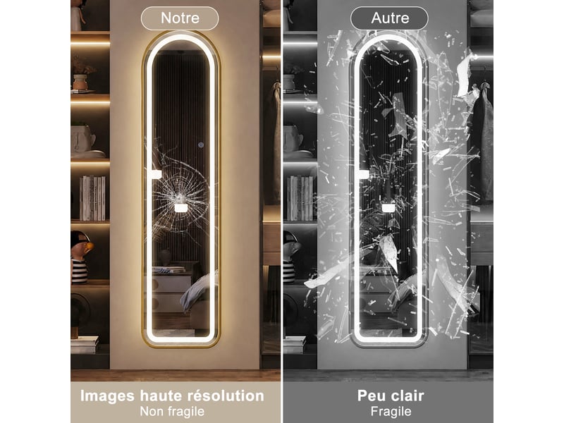  Miroir led pleine longueur 150x40 cm,miroir mural, éclairage 3 couleurs ,verre trempé, cadre aluminium doré,arqué  - Conforama R