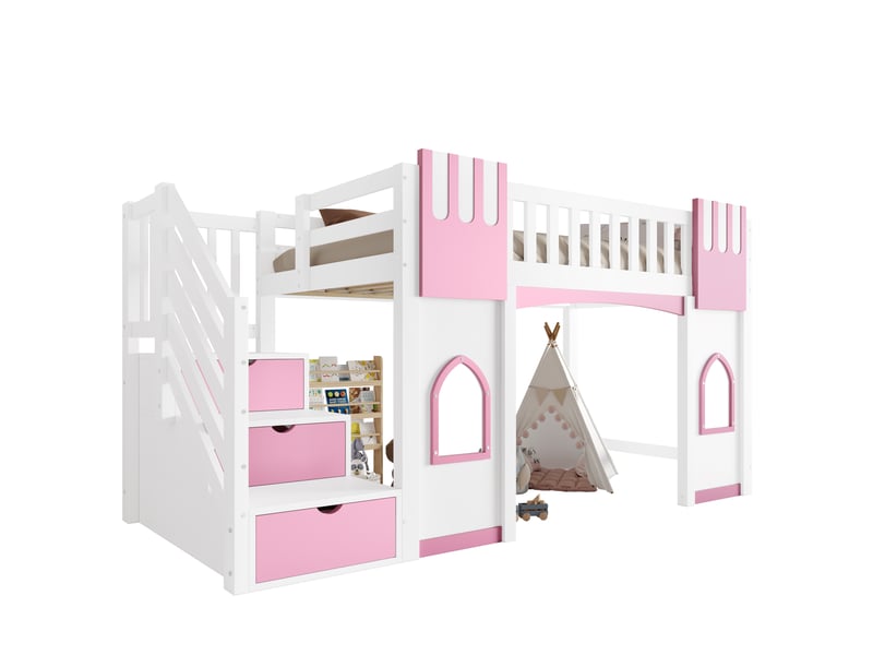  Lit mezzanine 90x200 cm blanc et rose, avec escalier de rangement 3 compartiments, 2 fenêtres, garde-corps, sommier inclus, sans matelas  - Conforama A