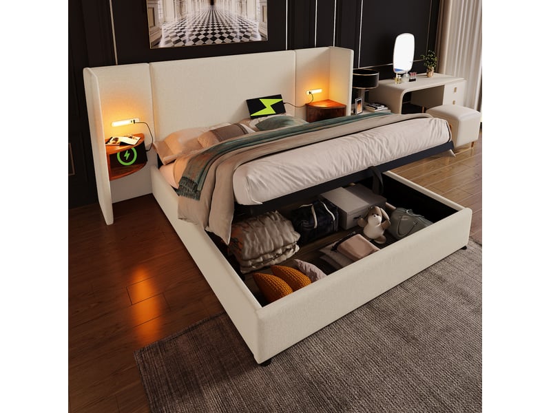  Lit coffre 160 × 200 cm 2 places avec rangement, lampe de lecture, usb et type-c, matelas inclus, beige en lin  - Conforama C