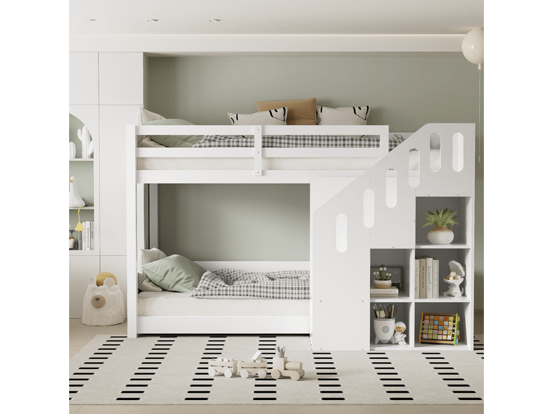 Lit superposé enfant 90 × 200 cm 2 places avec escalier de rangement et barrières, sans matelas, blanc - Conforama C