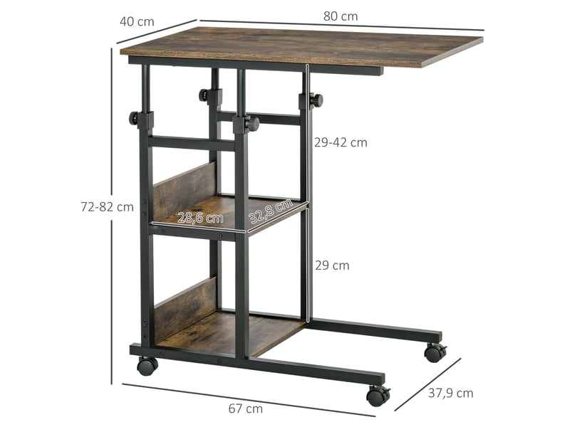  Table d'appoint bout de canapé table roulante table de lit pour ordinateur portable hauteur réglable - 2 étagères intégrées - cadre métal, 80 x 40 x 72-82 cm, marron  - Conforama C
