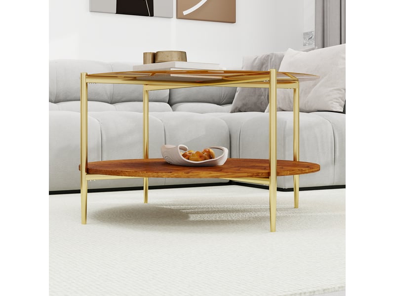  Table basse ronde dorée avec plateau en verre trempé et rangement ouvert en bois  - Conforama E