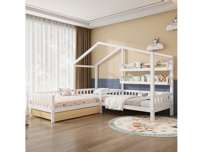  Lit enfant cabane en l 90x200 cm et 140x70 cm avec tiroir et étagères, blanc  - Conforama D
