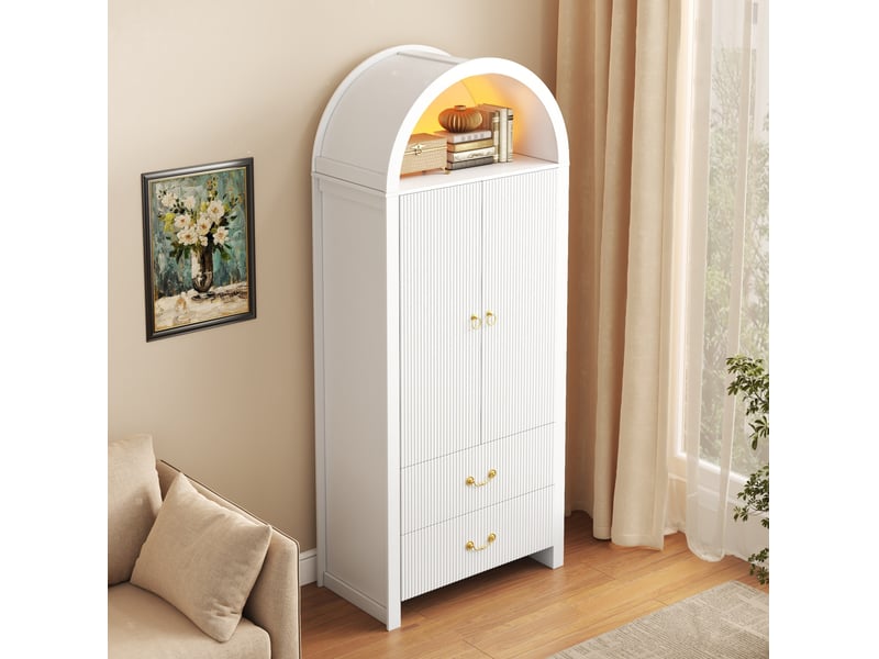  Buffet haut ulevr avec rangement, niche arquée led contrôlée par application, 76 x 38 x 180 cm, mdf et panneaux de particules, blanc  - Conforama E