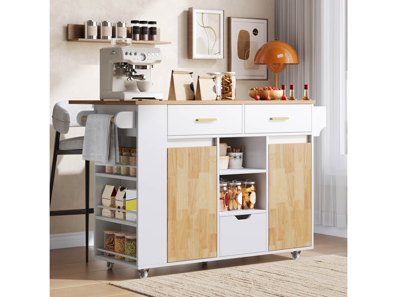  Îlot de cuisine mobile avec plan de travail rabattable, chariot de cuisine en mdf avec 3 grands tiroirs et roulettes verrouillables, 120x71x90cm  - Conforama R