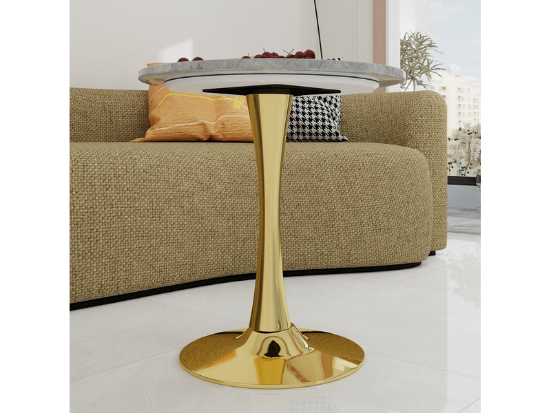  Table ronde 70x70x72 cm, guéridon pour 2 personnes, plateau en marbre artificiel veiné, pied central doré  - Conforama E