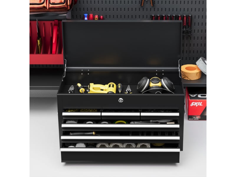  Caisse à outils en acier rouge et noir 60 × 26 × 34 cm, 6 tiroirs, serrure et poignée, rangement sécurisé  - Conforama C
