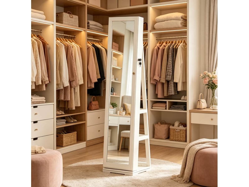  Psyché porte-bijoux pivotante 38x38x160 cm – blanche – miroir intégral verrouillable avec rangement  - Conforama B
