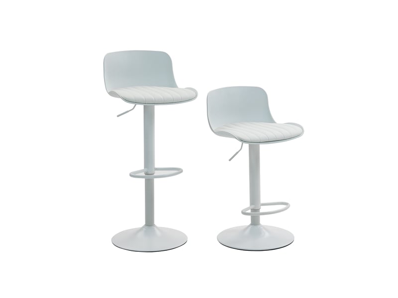  Lot de 2 tabourets de bar blancs pivotants et réglables, dossier plastique, assise similicuir, vérin à gaz, repose-pieds métal  - Conforama A