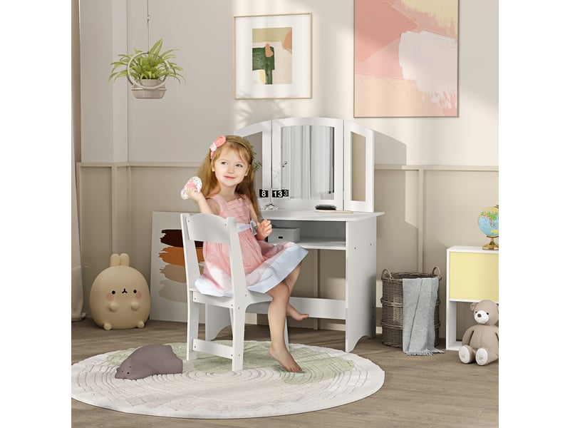  Ensemble coiffeuse pour enfants avec miroir triple amovible et chaise en bois blanc  - Conforama C