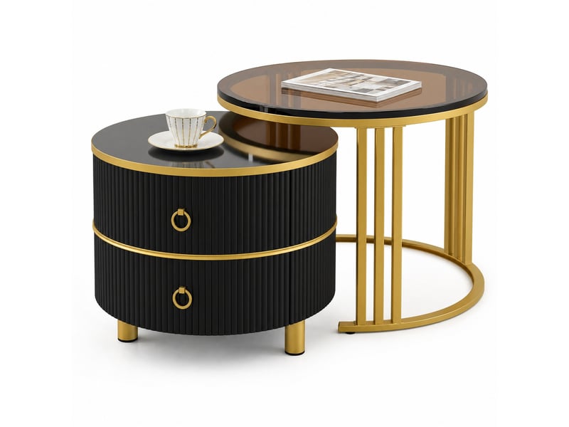  Table basse gigogne ronde 70x70x45 + 50x50x40 cm, 2 tiroirs et 1 plateau en verre trempé marron, noir  - Conforama A