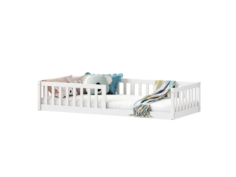 Lit Enfant 90x200 Cm Au Sol - Style Montessori Avec Barrières De Sécurité - Bois Massif Blanc