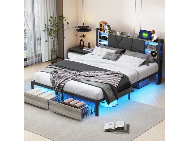  Lit 160x200cm - lit double 160x200cm - lit avec tête de lit led rgb, station de charge et 2 tiroirs - noir et bois vintage  - Conforama D