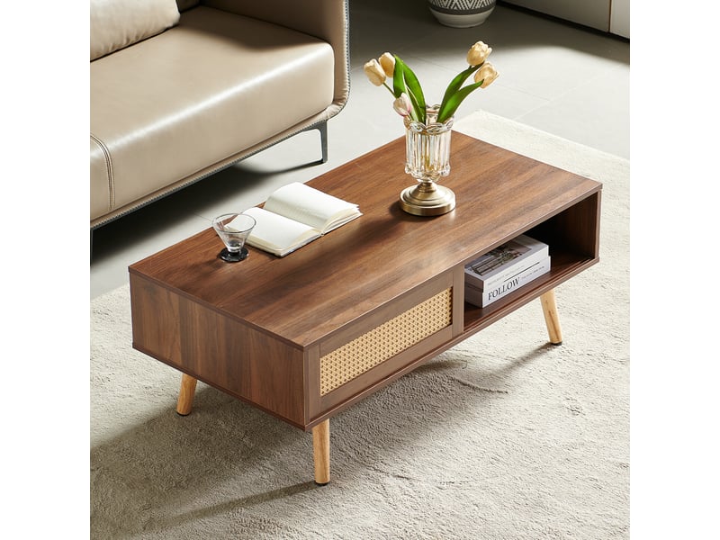  Table basse avec porte coulissante et rangement - lpospi - pieds en bois massif, mdf effet rotin marron  - Conforama C