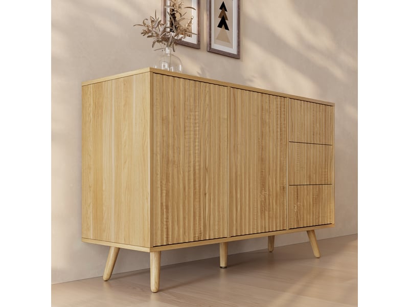  Buffet de salon bas 2 portes 3 tiroirs cannelé | meuble de rangement à rainures | console d'entrée | 120x40x76cm | modèle renzo l | couleur chêne alba Renzo L - Conforama B