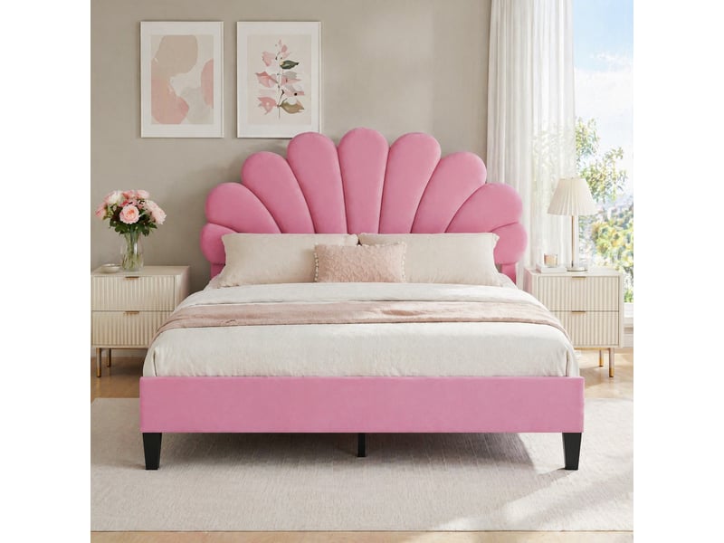 Lit enfant 140x200cm, lit 2 places, sommier, tête de lit en forme de fleur incluse, velours rose, sans matelas - Conforama B