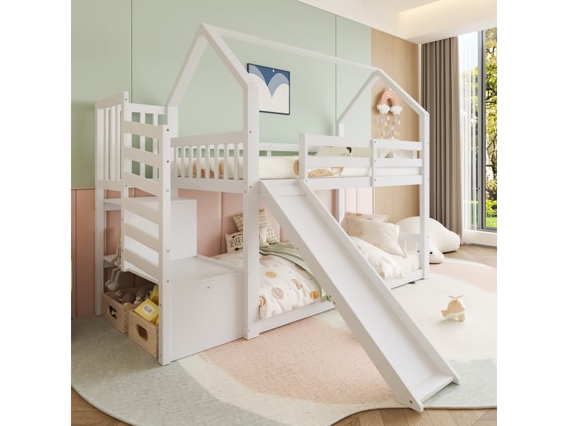 Lit superposé avec toboggan et escalier de rangement, lit cabane enfant blanc en bois, 90x200 cm, avec barrière de sécurité. - Conforama D