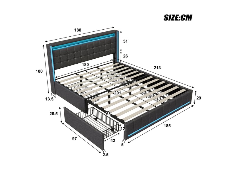 Lit double adulte 180x200, lit 180x200, 4 tiroirs, bandeau led et port usb, tissu en lin, gris  - Conforama C