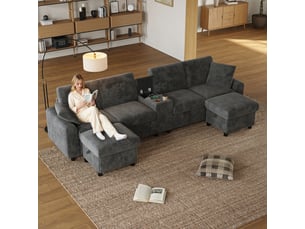 Canapé d'angle panoramique convertible <strong>SAPGAKS</strong> <strong></strong> 4 places Velours côtelé gris avec coffre de rangement