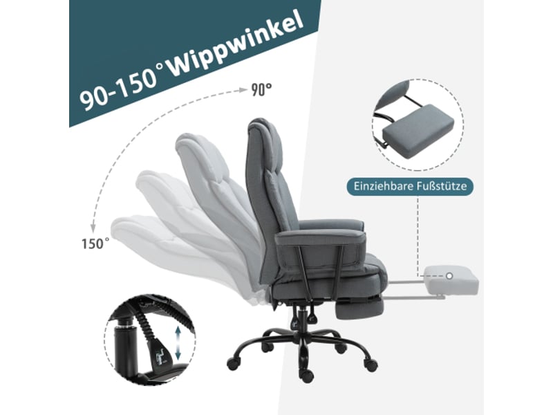  Chaise de bureau ergonomique inclinable à 150°, appui-tête, réglable en hauteur, gris, 135 kg  - Conforama D