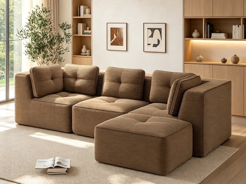  Canapé modulable en l 3 places avec ottomane, velours côtelé confortable, sans montage, 69 × 297 × 177 cm, marron  - Conforama B