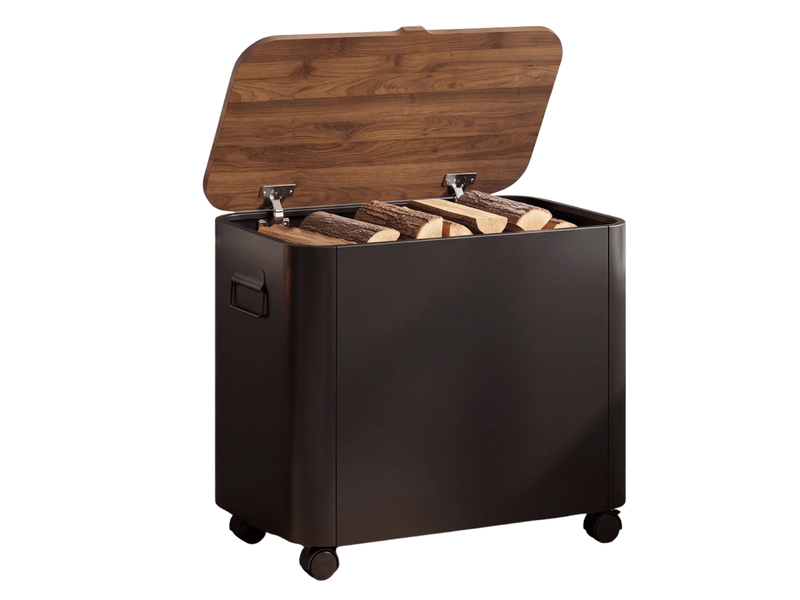  Coffre de cheminée multi-usages sac à granulés ou bûches avec couvercle effet noyer et roulettes métal noir  - Conforama A
