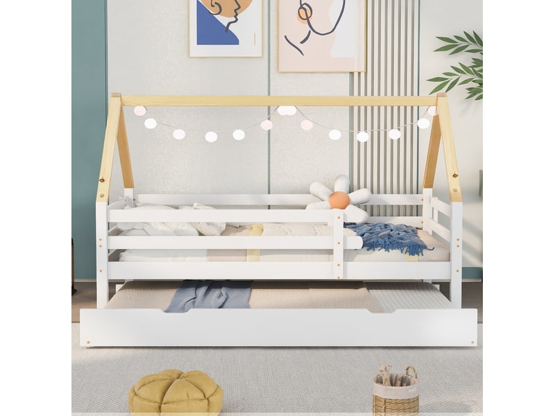 Lit cabane enfant gigogne 90x200 cm coloris blanc et naturel - Conforama E
