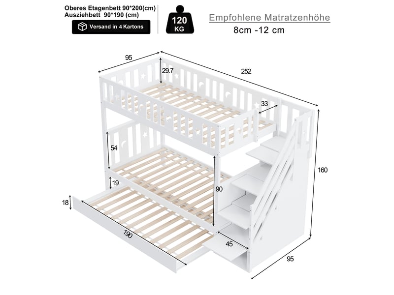  Lit superposé enfant avec lit gigogne 90 x 200 cm blanc  - Conforama E