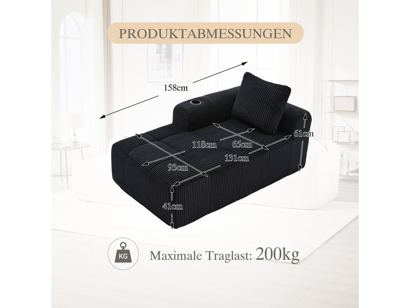  Canapé 2 places en velours côtelé noir avec porte-gobelets intégrés et poches latérales pratiques  - Conforama C