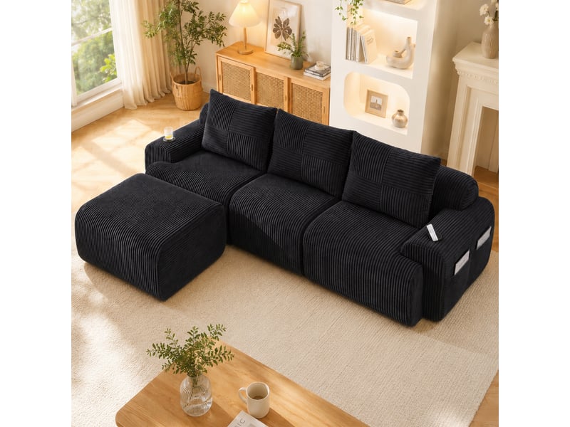 Canapé modulable, canapé de salon — en velours tricoté, porte-gobelets, noir - Conforama A