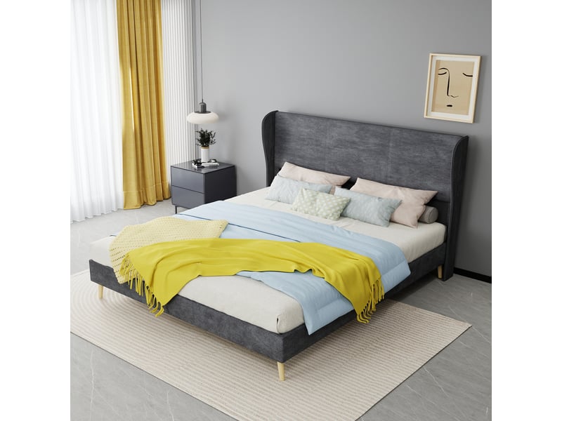 Lit double 160x200 cm avec tête de lit rembourrée, lit adulte avec sommier à lattes, gris, lit 2 personnes - Conforama R