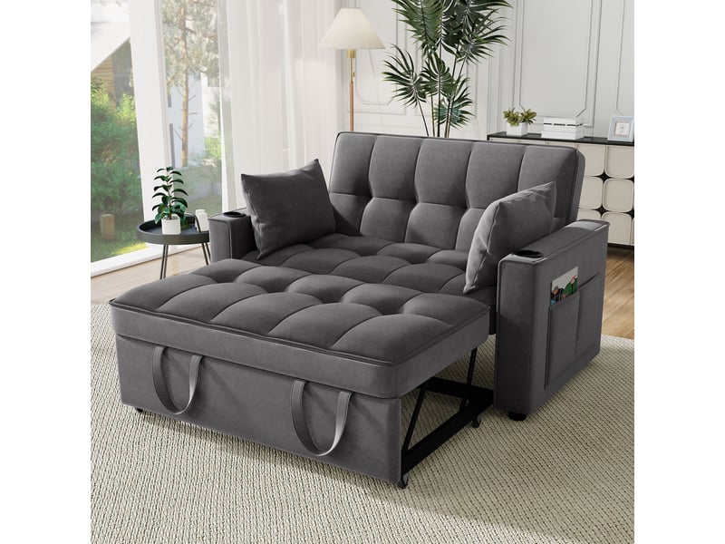  Canapé convertible 2 places en velours avec fonction lit, dossier inclinable 3 positions, porte-gobelets, poches de rangement et coussins inclus - gris  - Conforama B